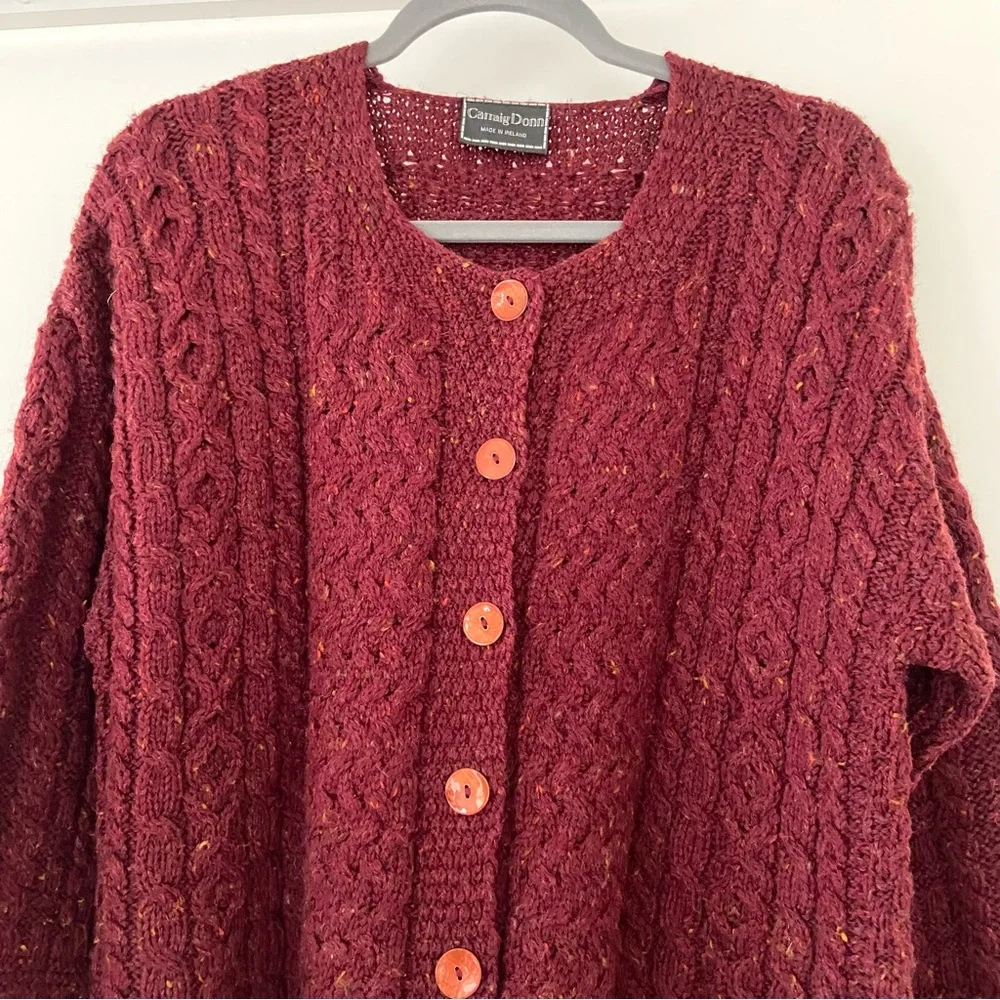 Carraig Donn Cardigan Womens L Red Wool Cable Knit Ireland Chunky Fisherman
